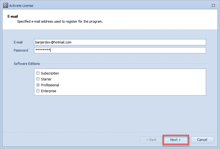 ระบุ E-mail, Password และรุ่นของซอฟต์แวร์ ที่ได้รับจากผู้จำหน่าย แล้วคลิกที่ปุ่ม Next
